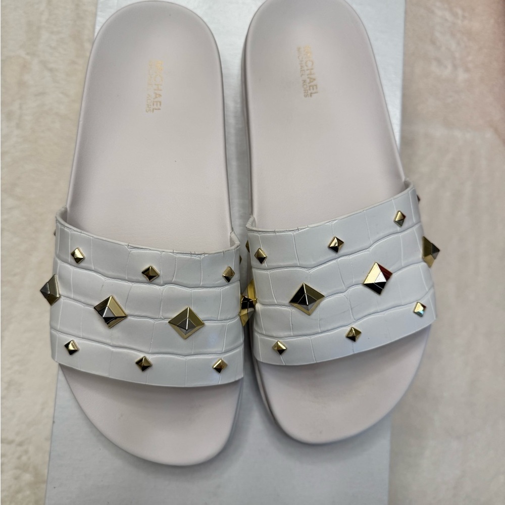 Michael Kors White Sandals with Gold Studs